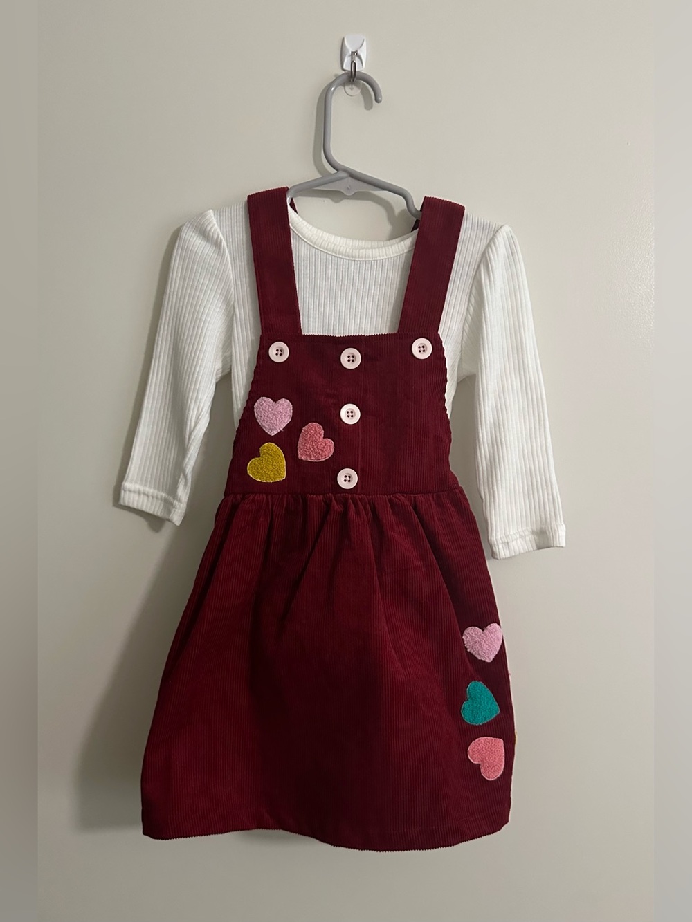 Girls Burgundy Corduroy Heart Dress with White Top
